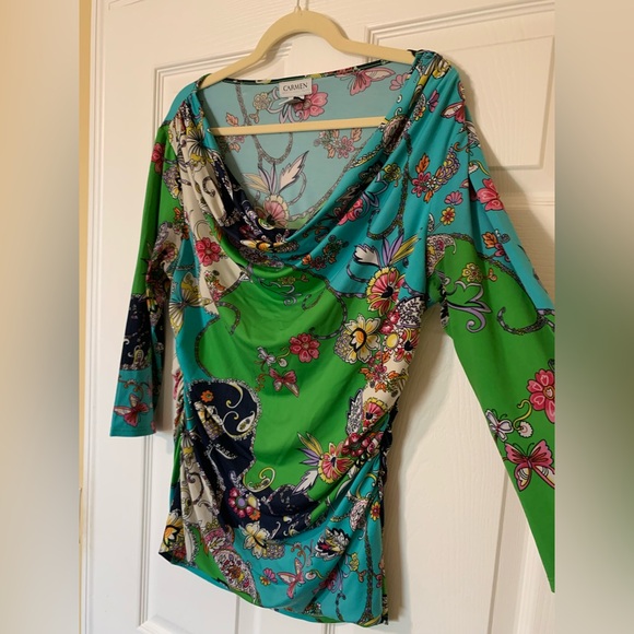 Carmen Marc Valvo Draped Neckline Green Floral Blouse Large Cottagecore‎ Fairy - Picture 6 of 9
